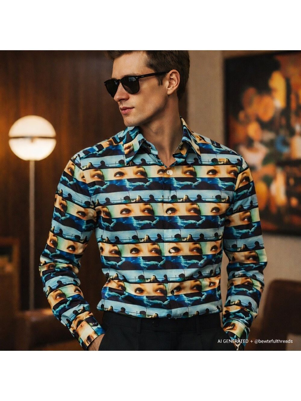 Ben Sherman M Blue Mod Art Graphic Print Button Down Indie Shirt